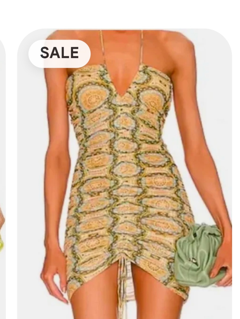 Alexis Yellow and Sage Green Paisley Ruched Strapless Mini Dress